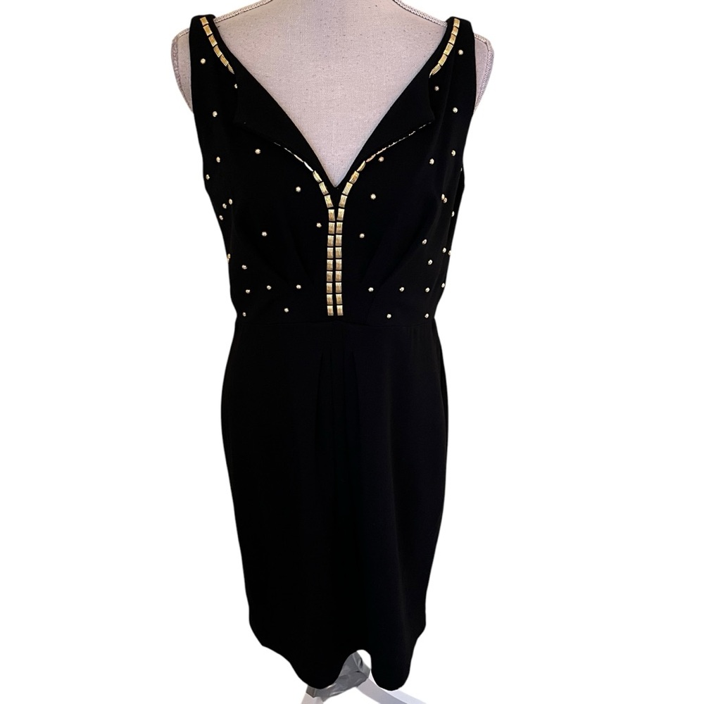 Eva Franco Black V-Neck Sleeveless Sheath Dress with Gold Accents on Bodice